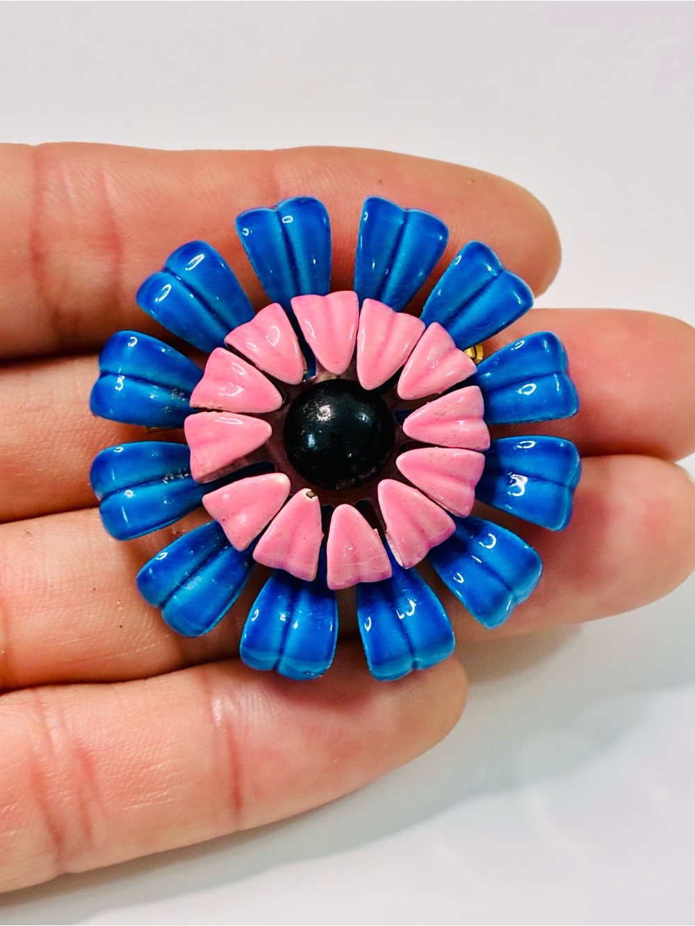 Vintage Groovy Floral Pink and Blue Enamel Brooch Mod Flower Power Hippie